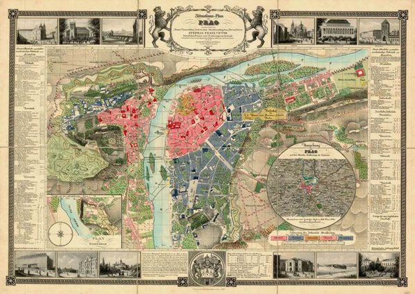 Historická Praha -Prag - r.1847 - nástěnná mapa - 140x100cm