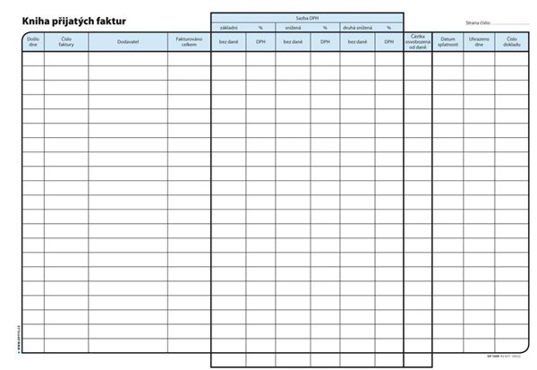 Kniha přijatých faktur (závazků) - Nepropisovací tiskopis pro jednoduché účetnictví. Formát A4 naležato. Modrá obálka. 32 listů.