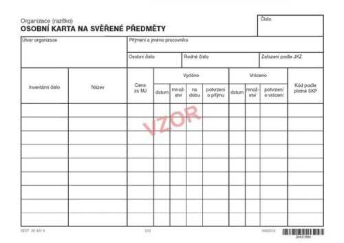 Osobní karta na svěřené předměty - karta A5