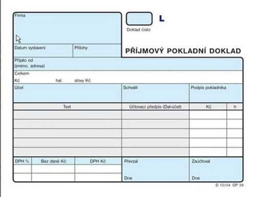 Příjmový pokladní doklad A6 (2×50l.) číslovaný - Pro podvojné účetnictví. Nepropisující tiskopis. Blok 100 listů. Formát A6. Modrá obálka. Číslovaný.