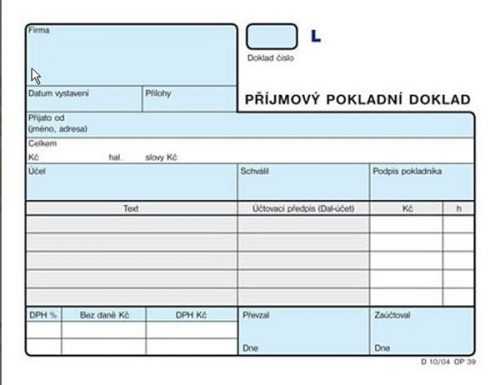 Příjmový pokladní doklad A6 (2×50l.) číslovaný - Pro podvojné účetnictví. Nepropisující tiskopis. Blok 100 listů. Formát A6. Modrá obálka. Číslovaný.