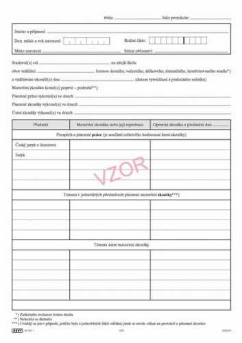 Protokol o maturitní zkoušce pro třídy gymnázií s výukou vybraných předmětů v cizím jazyce (pro jedn - list A4