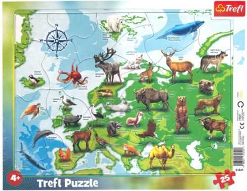 Puzzle Mapa Evropy se zvířátky 25 dílků