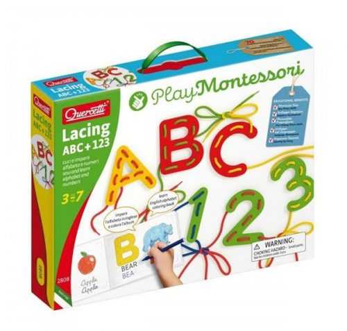 Quercetti Lacing ABC + 123 alphabets and numbers – provlékací souprava s písankou a omalovánkami