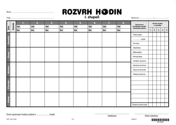 Rozvrh hodin - 1.stupeň (s předměty) - dvoulist A4