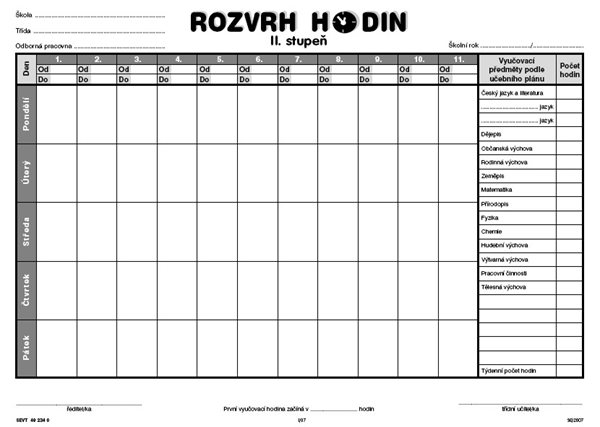 Rozvrh hodin - 2.stupeň (s předměty) - dvoulist A4