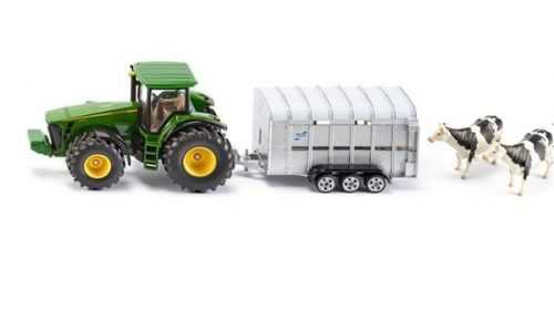 SIKU Super - Traktor John Deere s přívěsem pro přepravu dobytka vč. 2 krav