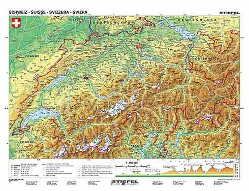 Švýcarsko/Rakousko - obecně geografická mapa - mapa A3
