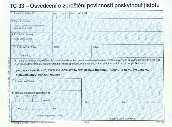 TC 33 - Osvědčení o zproštění povinnosti poskytnout jistotu (platné od 1. 2. 2016)