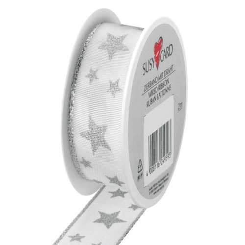 Textilní stuha 2 m × 25 mm s drátkem - bílo-stříbrná/hvězdy