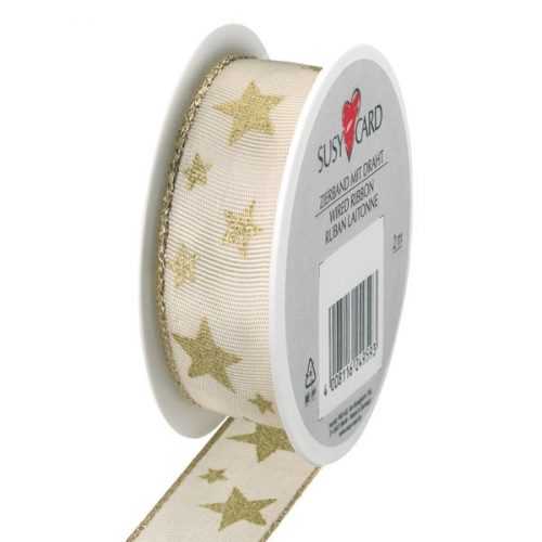 Textilní stuha 2 m × 25 mm s drátkem - krémovo-zlatá/hvězdy