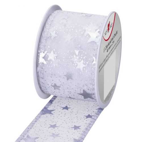 Textilní stuha 2 m × 40 mm s drátkem - stříbrná s hvězdami