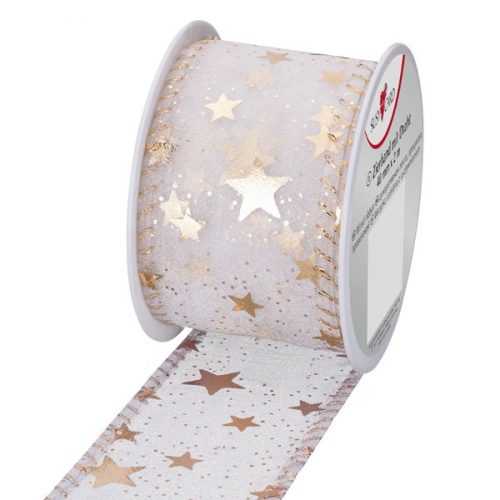 Textilní stuha 2 m × 40 mm s drátkem - zlatá s hvězdami