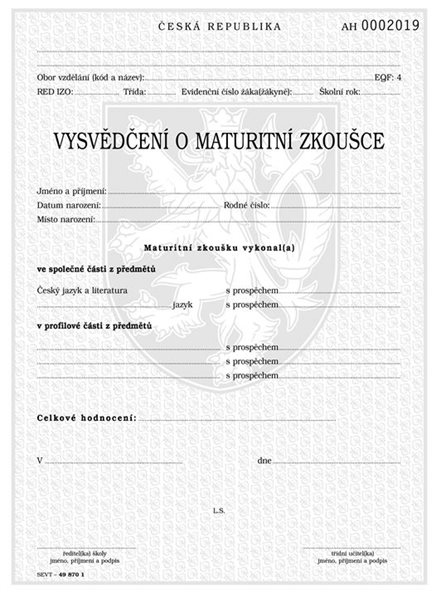 Vysvědčení o maturitní zkoušce pro střední školy /dva povinné předměty společné části/ QR kód - 210×280 mm