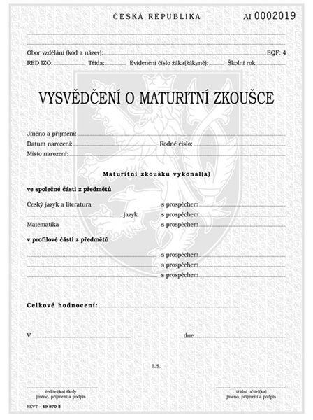 Vysvědčení o maturitní zkoušce pro střední školy /tři povinné předměty společné části/ QR kód - 210×280 mm