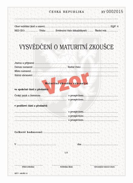 Vysvědčení o maturitní zkoušce ve vybraných výtvarných oborech - pro střední umělecké školy - 210×280 mm