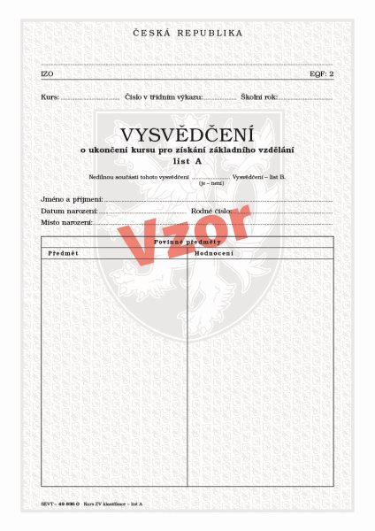 Vysvědčení o ukončení kursu pro získání základního vzdělání list A (klasifikace) pro tisk QR kódu - 210×280 mm