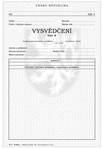 Vysvědčení o získání základního vzdělání v základní škole list A (slovní hodnocení) - A4
