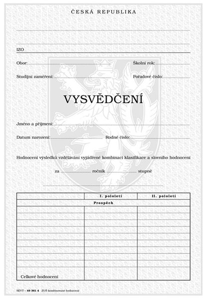 Vysvědčení pro ZUŠ - kombinované hodnocení - A4