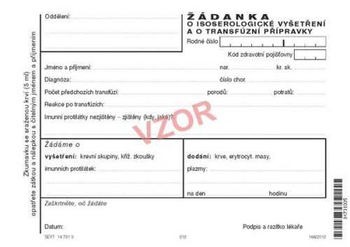 Žádanka o isoserologické vyšetření a o transfúzní přípravky - dvoulist A6