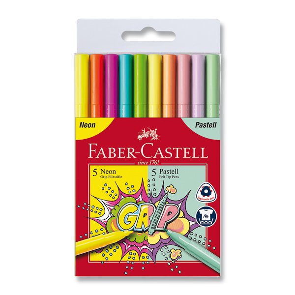 Dětské fixy Faber-Castell Grip - sada 10 barev (neon + pastel)