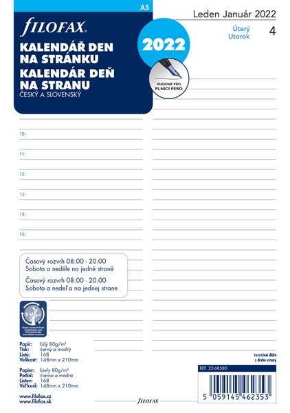 Filofax Náplň 2022 pro diář A5 denní česká