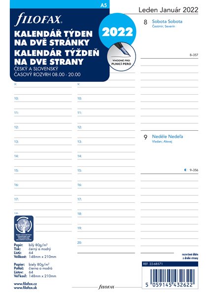 Filofax Náplň 2022 pro diář A5 týdenní česká