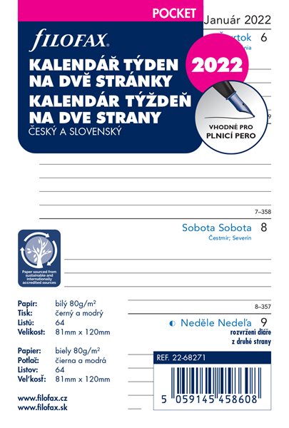 Filofax Náplň 2022 pro kapesní diář týdenní česká