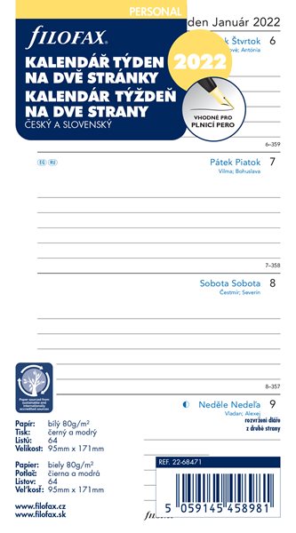 Filofax Náplň 2022 pro osobní diář týdenní česká