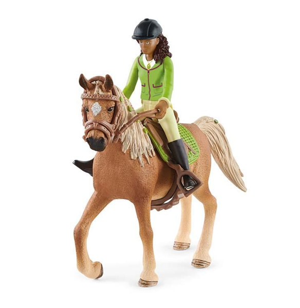 Schleich 42542 Černovláska Sarah s pohyblivými klouby na koni