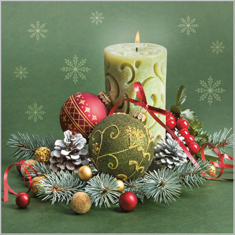 Stil Ubrousky 33 x 33 Vánoce - Zelené se svíčkou a ozdobami