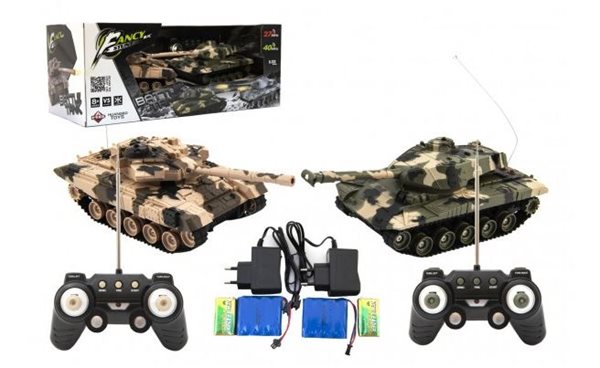 Tank RC 2 ks 25 cm tanková bitva + dob. pack 27 MHZ a 40 MHz maskáč se zvukem se světlem