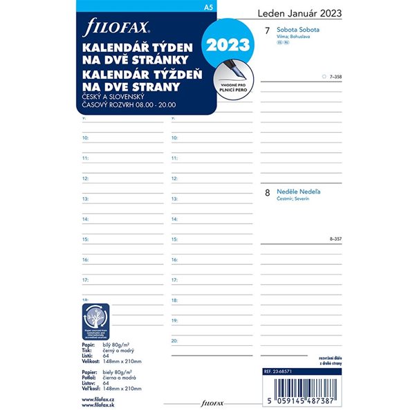 Filofax Náplň 2023 pro diář A5 týdenní česká