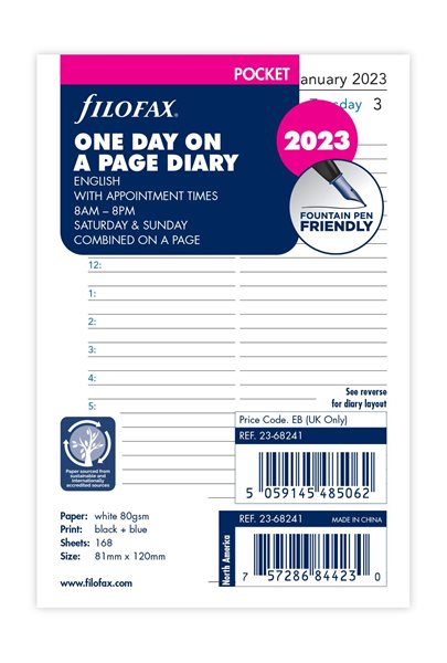 Filofax Náplň 2023 pro kapesní diář denní aj