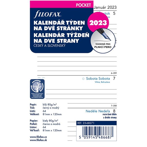 Filofax Náplň 2023 pro kapesní diář týdenní česká