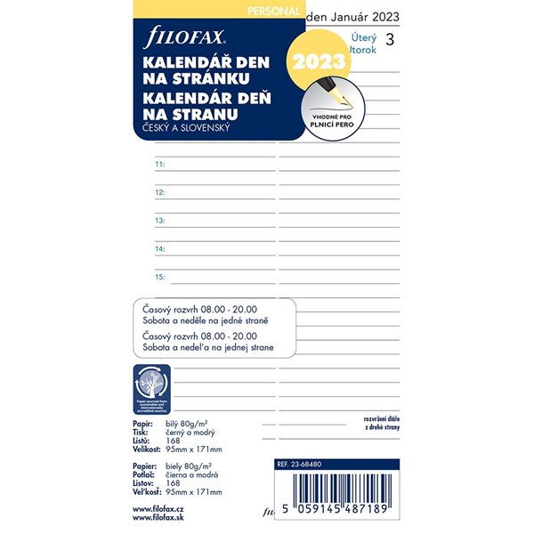 Filofax Náplň 2023 pro osobní diář denní česká