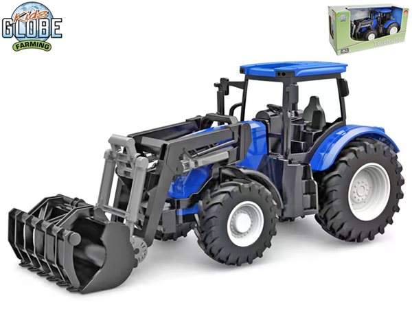 Kids Globe traktor modrý s předním nakladačem volný chod 27 cm