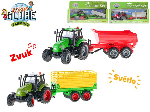 Kids Globe Farming traktor kov 25 cm na setrvačník s vlečkou na bat. se světlem a zvukem