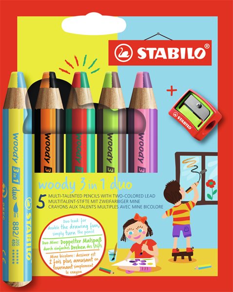 STABILO woody 3 in 1 duo Víceúčelová pastelka - sada 5 barev s ořezávátkem
