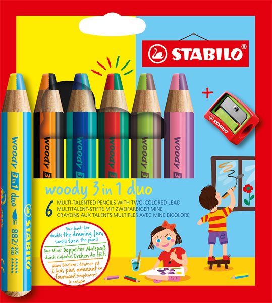 STABILO woody 3 in 1 duo Víceúčelová pastelka - sada 6 barev s ořezávátkem