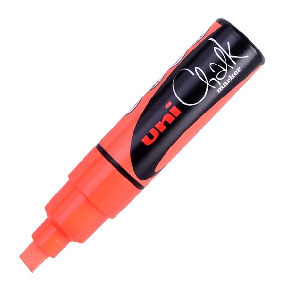 Křídový popisovač UNI se seříznutým hrotem 8 mm - fluo-oranžový