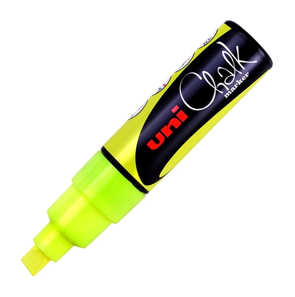 Křídový popisovač UNI se seříznutým hrotem 8 mm - fluo-žlutý