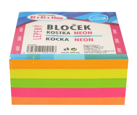 Bloček LUMA KOSTKA barevná 85 × 85 × 40 mm lepená - mix neon barev