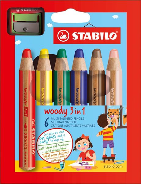 STABILO woody 3 in 1 Multifunkční pastelka - sada 6 barev s ořezávátkem