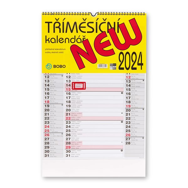 BOBO Kalendář nástěnný 2024 tříměsíční New - 32x45 cm