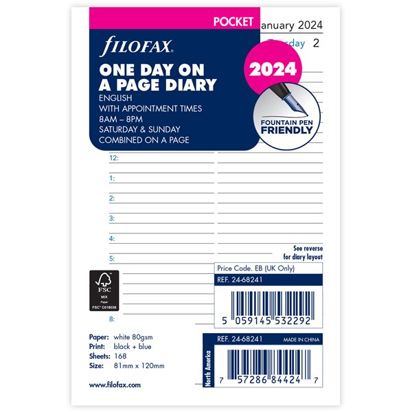 Filofax Náplň 2024 pro kapesní diář denní aj