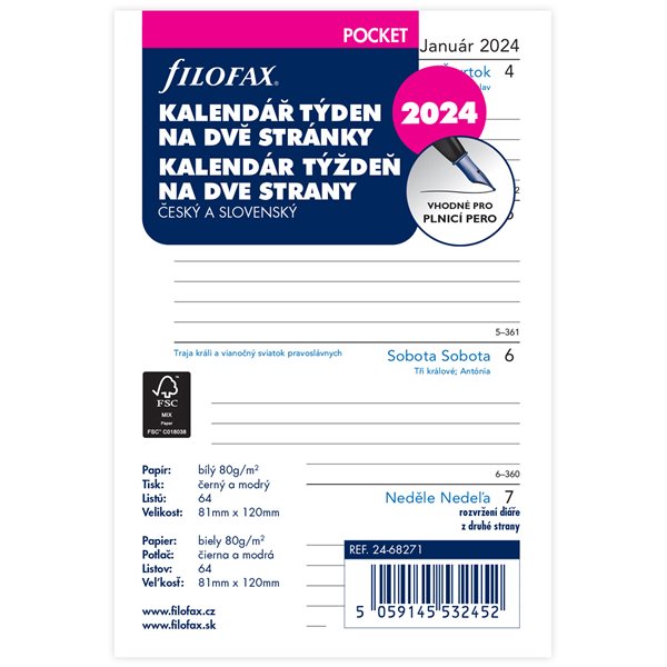 Filofax Náplň 2024 pro kapesní diář týdenní česká