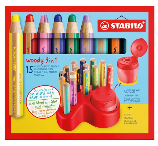 STABILO woody 3 in 1 Multifunkční pastelka - deskset (15 barev + ořezávátko)