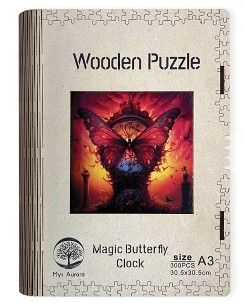 Dřevěné puzzle WOODEN magické motýlí hodiny - 300 dílků