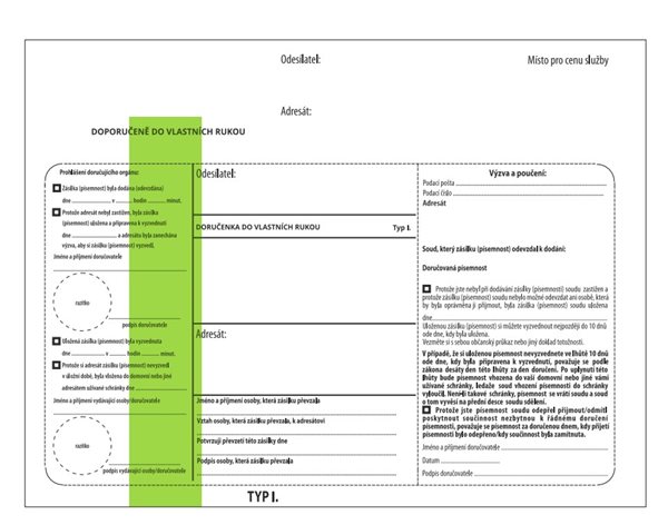 Doručenka do vlastních rukou I. OSŘ zelený pruh s vytrhávacím okénkem - soud - 162×217 mm